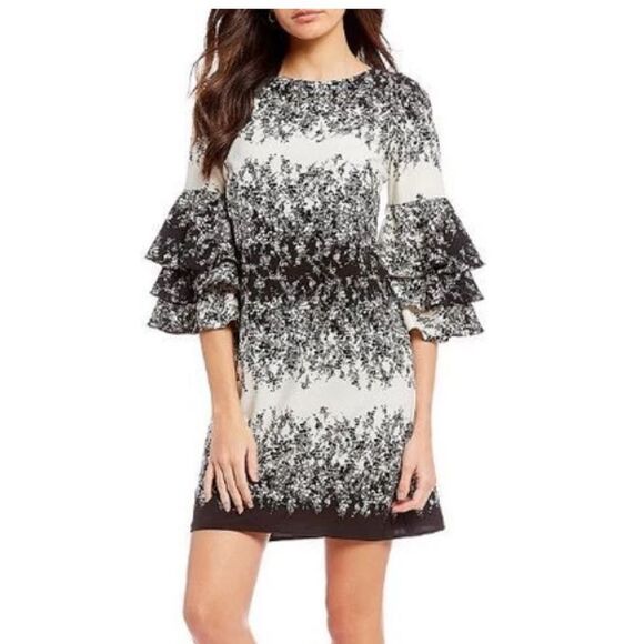 Leslie Fay Black and and Ivory Printed with 3/4 Tiered Bell Sleeve Mini Dress - Picture 2 of 5